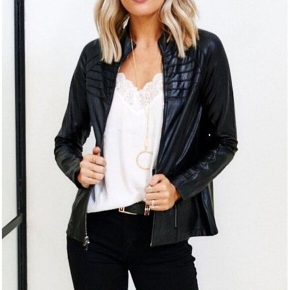Spanx Faux Leather Moto Jacket Very Black Edgy Stretchy Shiny - Main Image